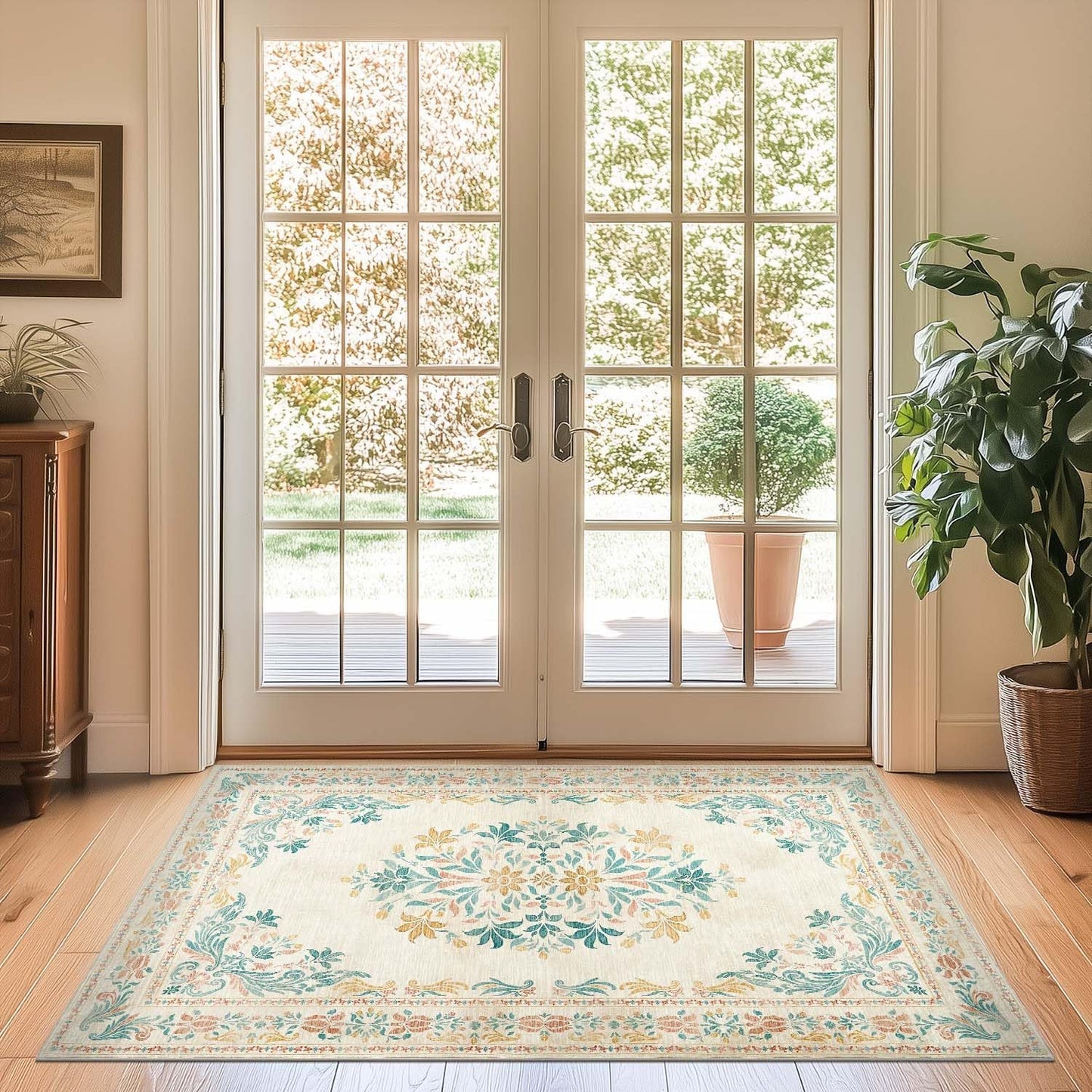 jinchan Vintage Floral 3x5 Area Rugs for Entryway - Machine Washable Distressed Design Ultra-Thin Low-Pile Soft Non-Shedding Carpet for Kitchen Bedroom Laundry Living Room (3x5ft,Apricot Multi)