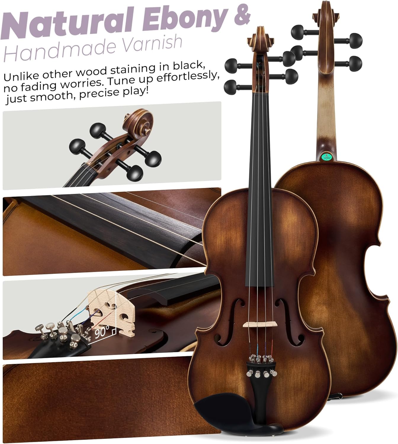 Vangoa Violin 4/4 Full Size Set, Varnish Fiddle Solid Wood for Professional Adults Senior Intermediate Beginners Student Starter Acoustic Violins Kit Outfit with Ebony Fitted, Hard Case, Right Handed