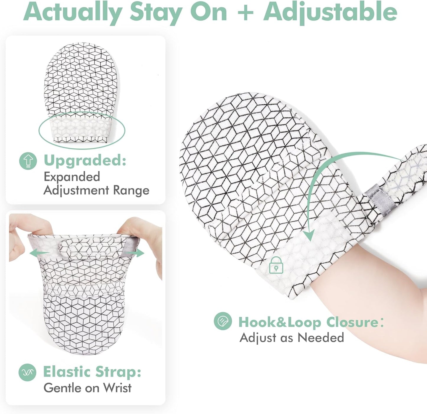 HAPIU Baby No Scratch Mittens Stay On, 100% Cotton Breathable, Adjustable Infant Gloves for Boys Girls, Newborn - 12 M