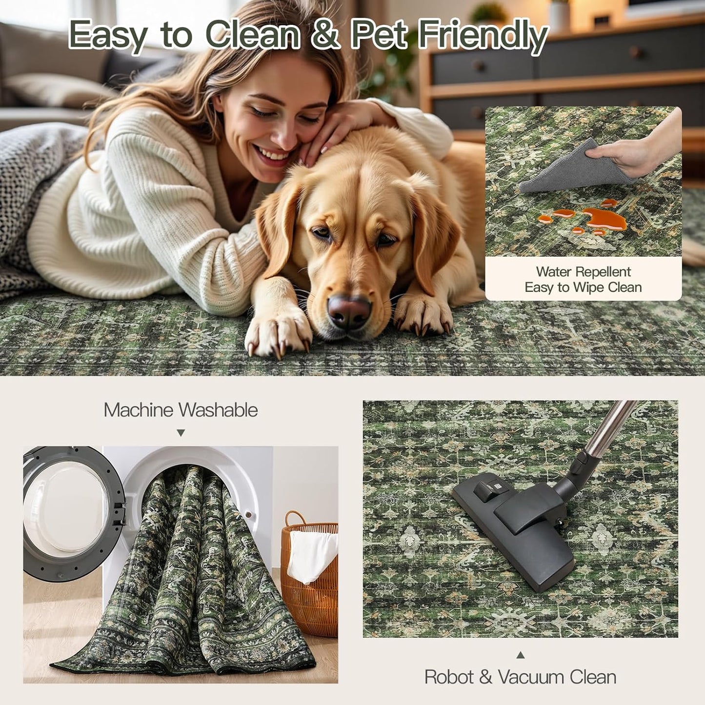 Lofus 6x9 Area Rug for Living Room,Green Washable Area Rugs with Non-Slip Backing,Soft Boho Carpets for Bedroom Dining Room Home Office Indoor Nursery