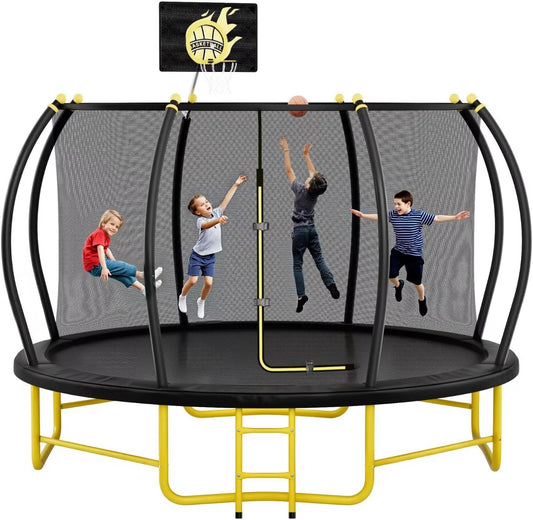 14FT Pumpkin Trampoline with Basketball Hoop, Balance Bar and Enclosure Net, Outdoor Trampoline for Kids and Adults, Capacity 880 lbs
