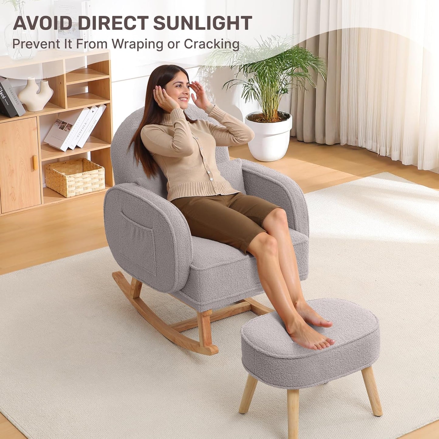 Nursery Rocking Chair with Ottoman, Upholstered Glider Rocker with High Backrest and Side Pocket, Rocking Accent Armchair with Solid Wood Legs for Nursery, Living Room, Bedroom Light Grey