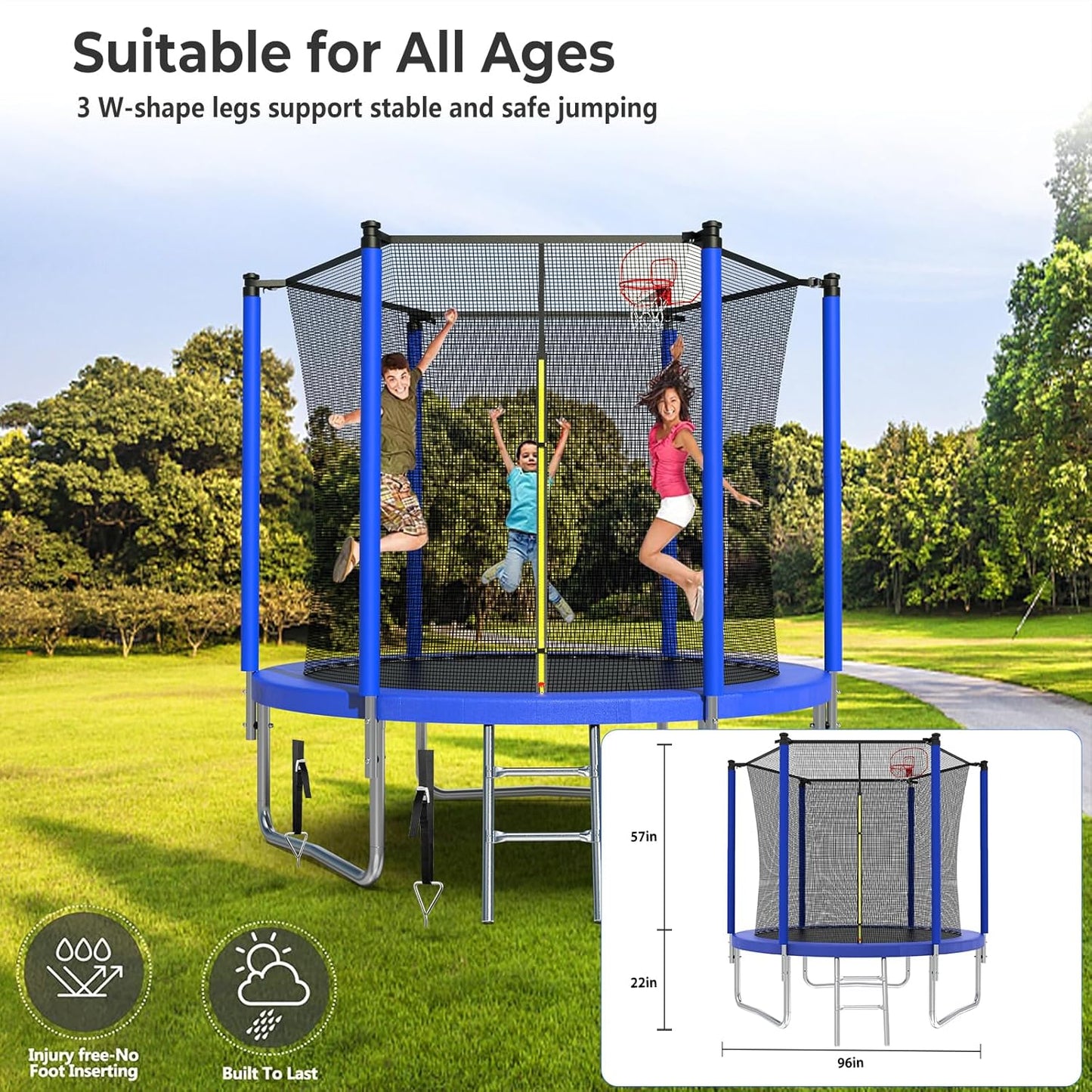 Upgraded 10/12/14/15/16FT Trampoline Outdoor, Large Kids Trampoline with Light, Stakes, Sprinkler, Backyard Trampoline with Basketball Hoop and Net, Capacity for 4-6 Kids and Adults