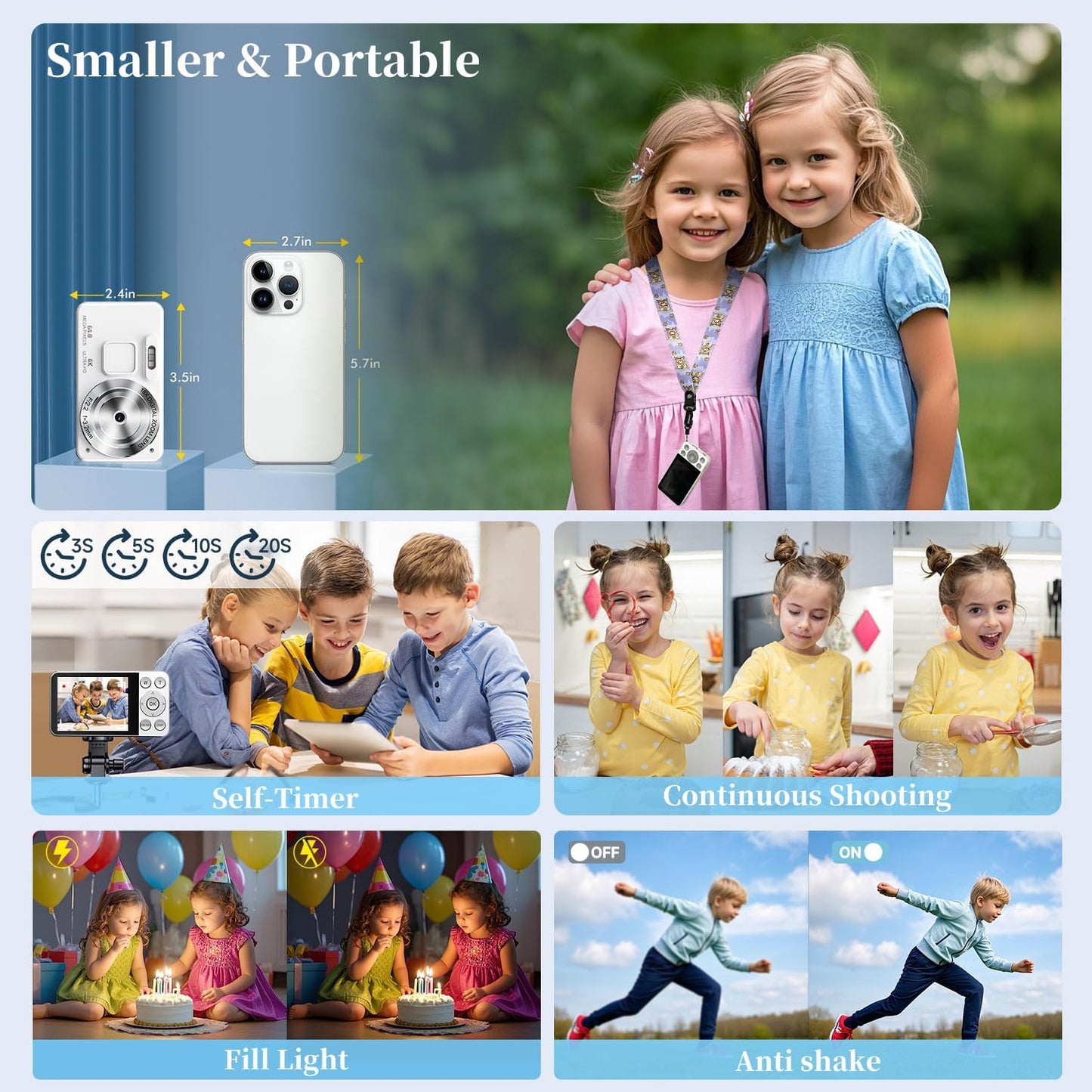 Digital Camera, Autofocus 4K 64MP Point and Shoot Digital Cameras for Teens with 64GB Card, 18X Zoom Anti-Shake Compact Video Camera for Student Kids Boys Girls Beginner - White