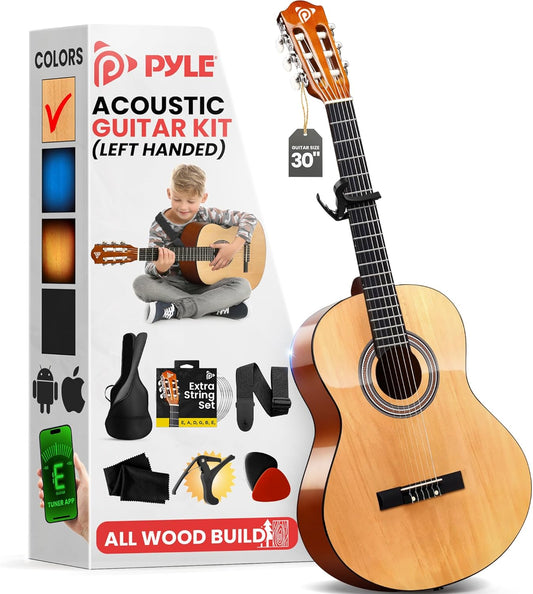 Pyle Left Handed Beginner Acoustic Guitar Kit, 1/4 Junior Size All Wood Build Nylon Stringed Instrument with Capo, Strap, Extra String Set, Gig Bag, Guitars for Beginners Adults Youth, 30" Natural
