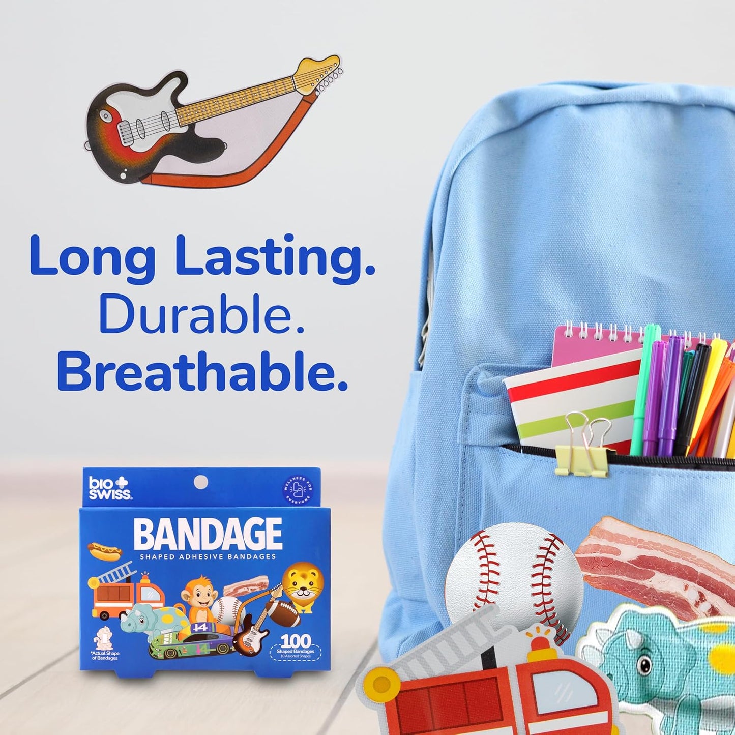 BioSwiss Bandages, Assorted Animal, Fun and Food Shaped Self Adhesive Bandage for Boys, Latex Free Sterile Wound Care, 100 Count