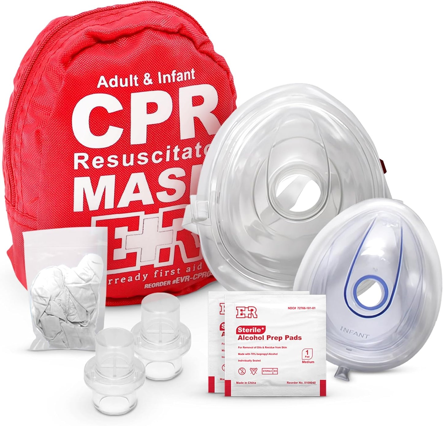 Adult and Infant CPR Mask Combo Kit – 50-Pack – 100 Valves, 50 Gloves, 100 Alcohol Pads – Bulk Set for First Responders, CPR Training