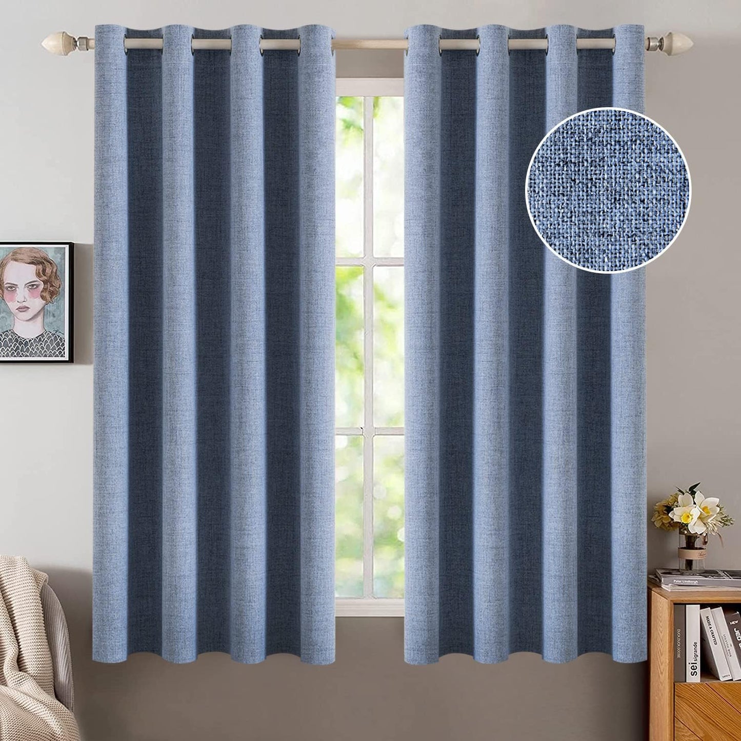 MIULEE Linen Texture Curtains for Bedroom Solid 100% Blackout Thermal Insulated Stone Blue Curtains Grommet Room Darkening Drapes Luxury Decor for Living Room Nursery 52x45 Inch (2 Panels)