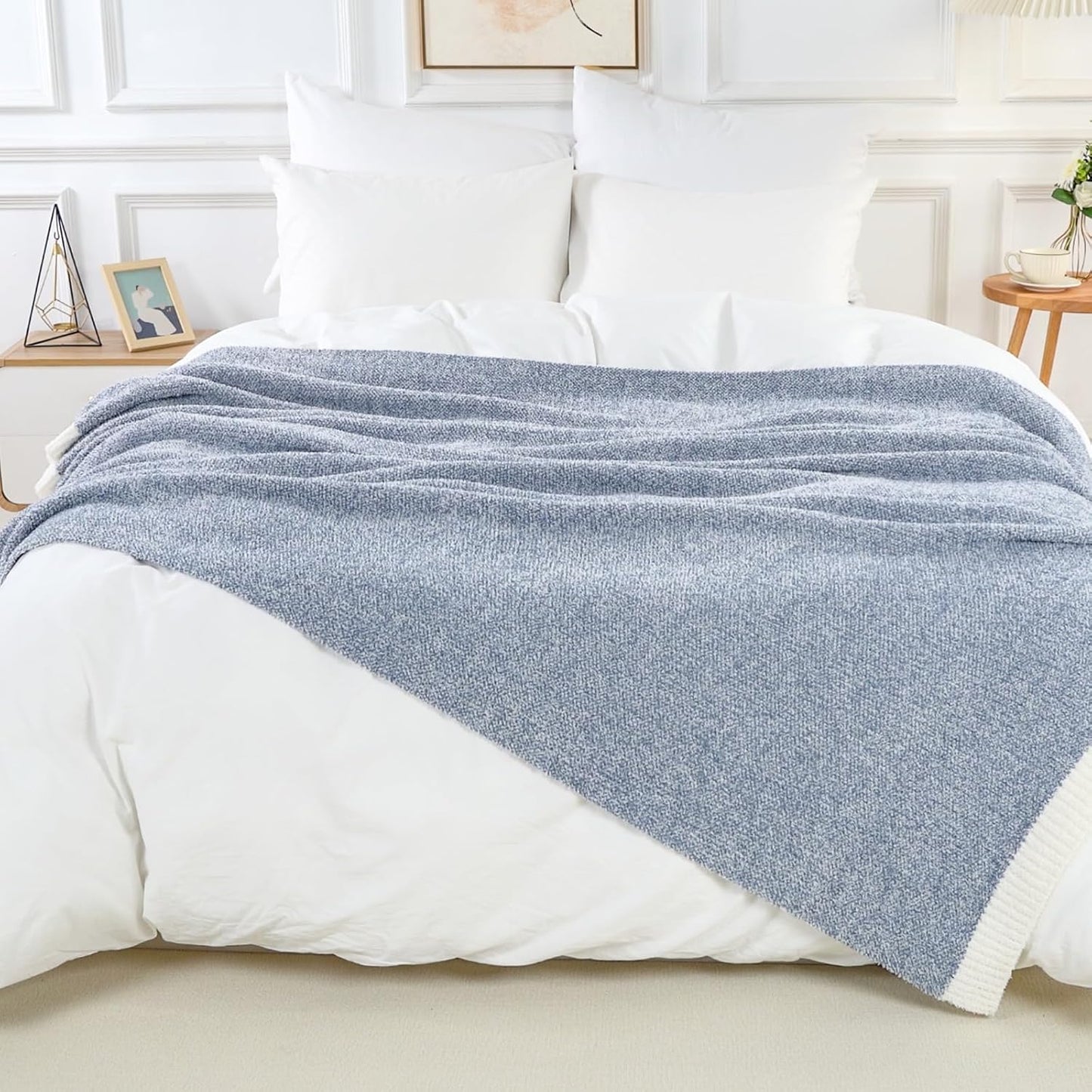 NEXHOME PRO Super Soft Throw Blankets for Couch, Twin Size Cozy Blankets Reversible Knit Blanket for Women, Fuzzy Plush Lightweight Throws for Sofa, Bed, Picnic, Heather Blue White, 60 x 80 inches