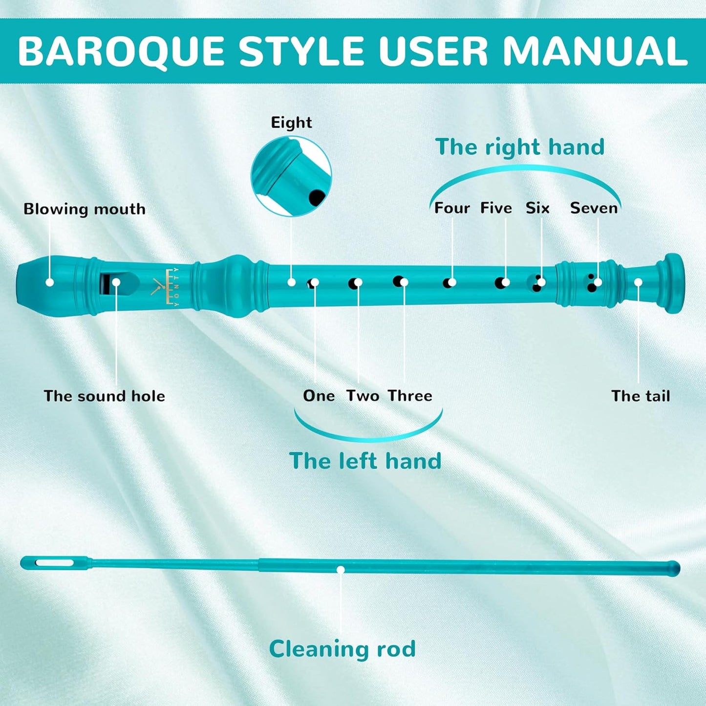 Soprano Recorder 8-Hole Instrument for Beginners Kids Students, Baroque Style C Key Flute with Cleaning Rod & acking Bag for Education & Entertainment-Turquoise