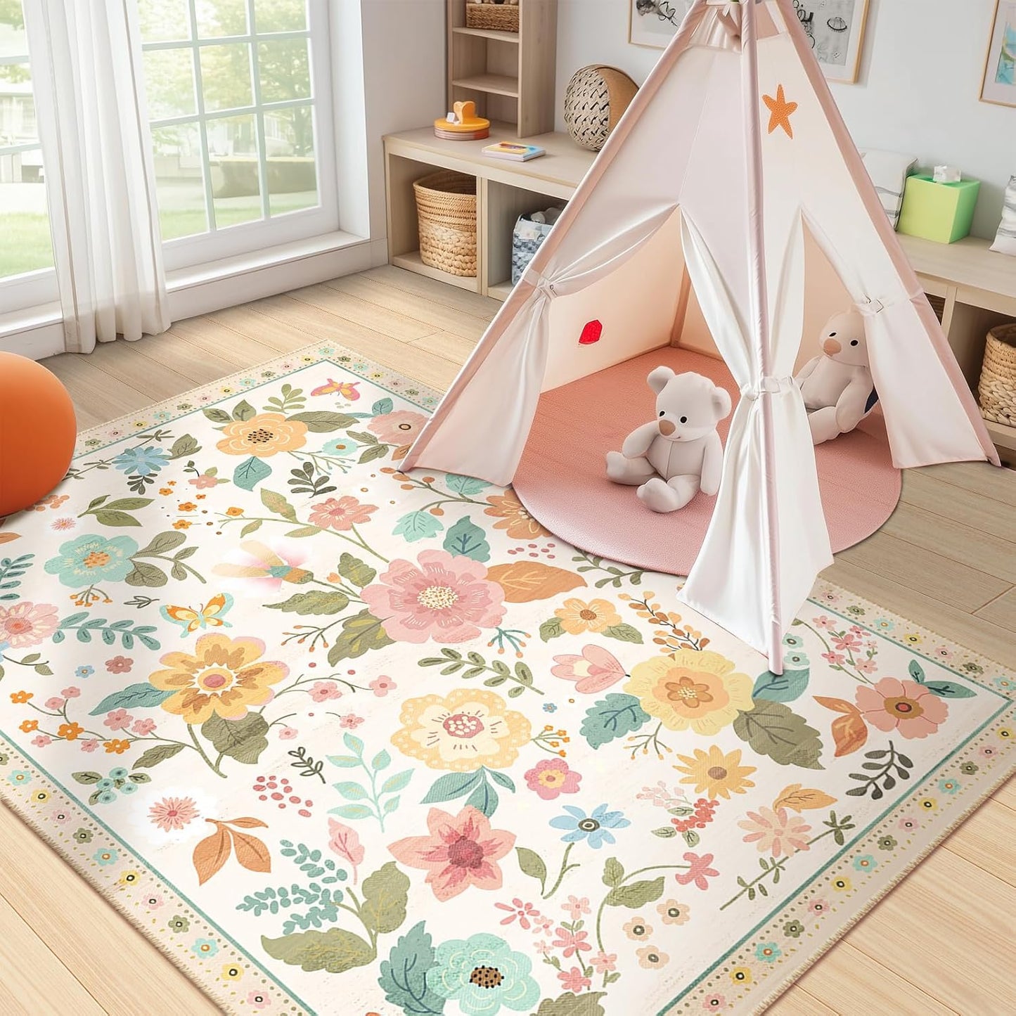 Floral 3x5 Area Rug Machine Washable Soft Print Boho Carpet Non Slip Doormat Low Pile Flower Area Rugs for Living Room Bedroom Nursery Kitchen Dining Room Indoor-Beige/White/Orange