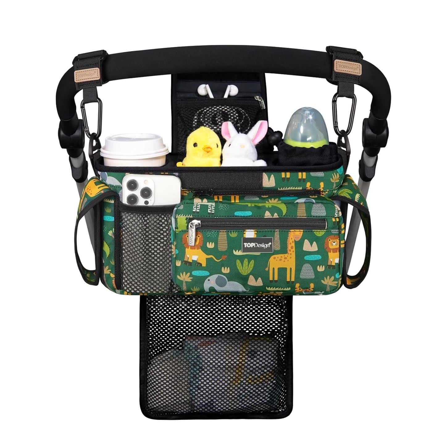 TOPDesign Universal Baby Stroller Organizer, Stroller Caddy with Detachable Mesh Bag & Heightened Insulated Cup Holders & Non-Slip Secure Hooks Accessories, Fits Most Strollers (Zoo 2)
