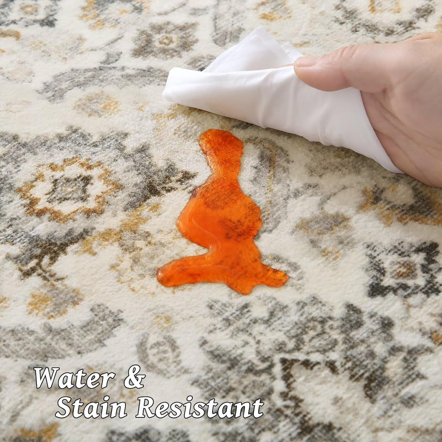 Washable 5x7 Area Rugs for Living Room, Boho Non-Slip Silicone Backing Rugs for Bedroom Dining Room Nursery Office, 0.3" Neutral Oriental Throw Carpet with 0.16" Cushioning Pad, Grey/Multi