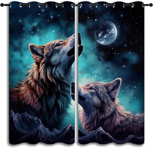 Wolf Blackout Curtains for Boys Girl Bedroom Decor,Starry Sky Howling Wolf Under The Full Moon Thermal Insulated Grommet Drapes Darkening Window Curtain for Living Room Home 84x63 inch