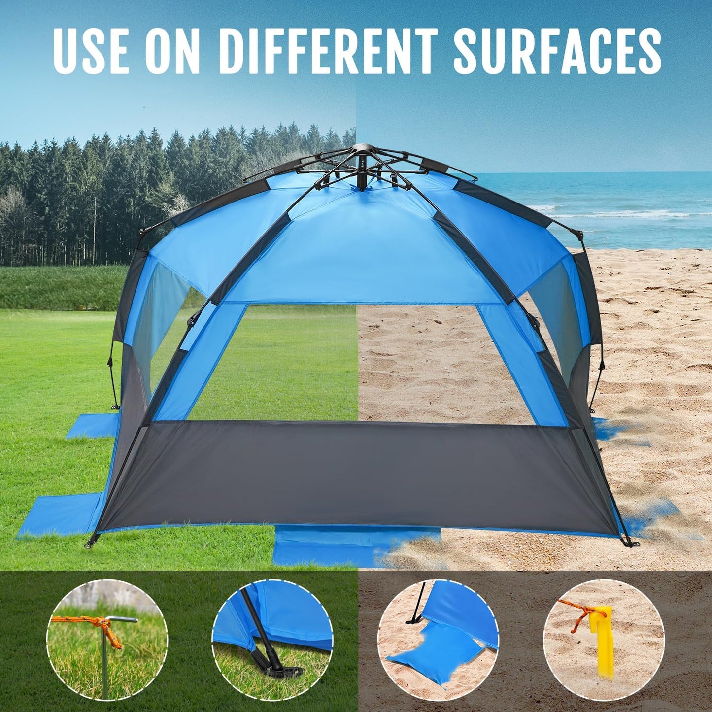 WhiteFang Deluxe Pop Up Beach Tent Sun Shade Shelter for 3-4/5-6 Person, UV Protection, Extendable Floor with 3 Ventilating Windows Plus Carrying Bag, Stakes, and Guy Lines