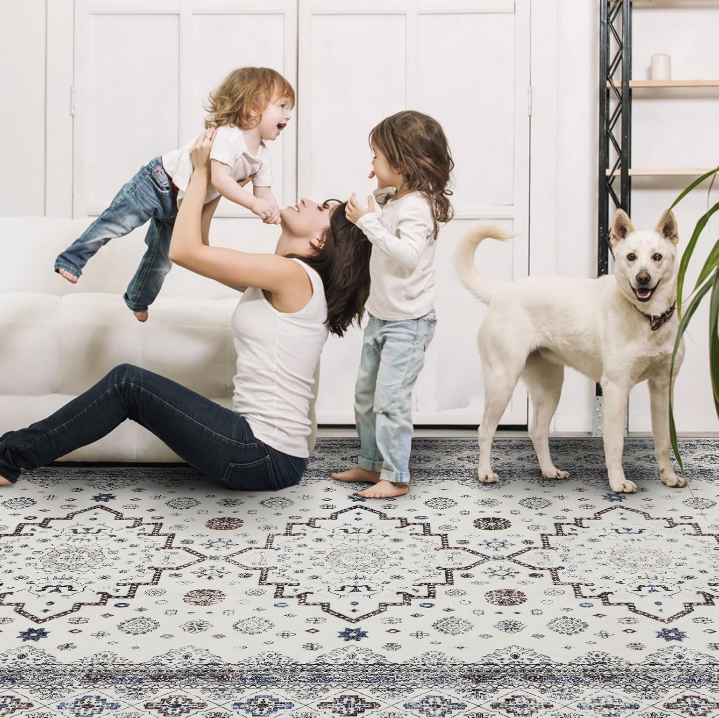 4x6 Washable Area Rug for Living Room, Carpet for Bedroom, Soft Faux Wool Retro Dining Room Rug, Non Slip&Non-Shedding Resistant Low Pile Vintage Print Rug for Home Office (White Cream/Gray)