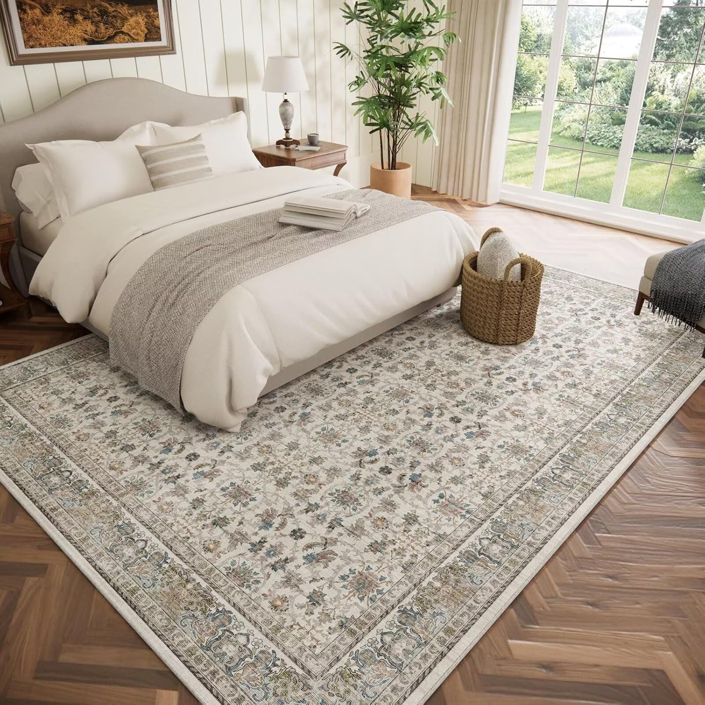 Washable 8x10 Area Rugs for Living Room, Boho Non-Slip Silicone Backing Rugs for Bedroom Dining Room Nursery Office, 0.3" Neutral Oriental Throw Carpet with 0.16" Cushioning Pad, Cream/Multi