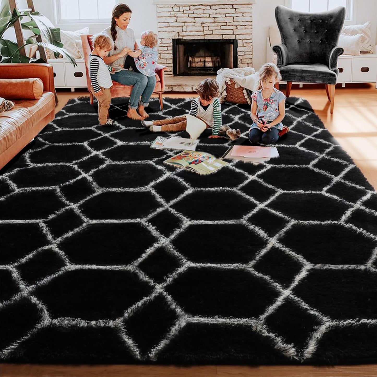 ONASAR Large Area Rugs for Living Room, 7x10 Black and White Rug, Boho Thick Floor Mat for Bedroom Home Decor Aesthetic, Soft Fuzzy Shaggy Plush Fluffy Geometric Carpet for Teen Dorm Classroom