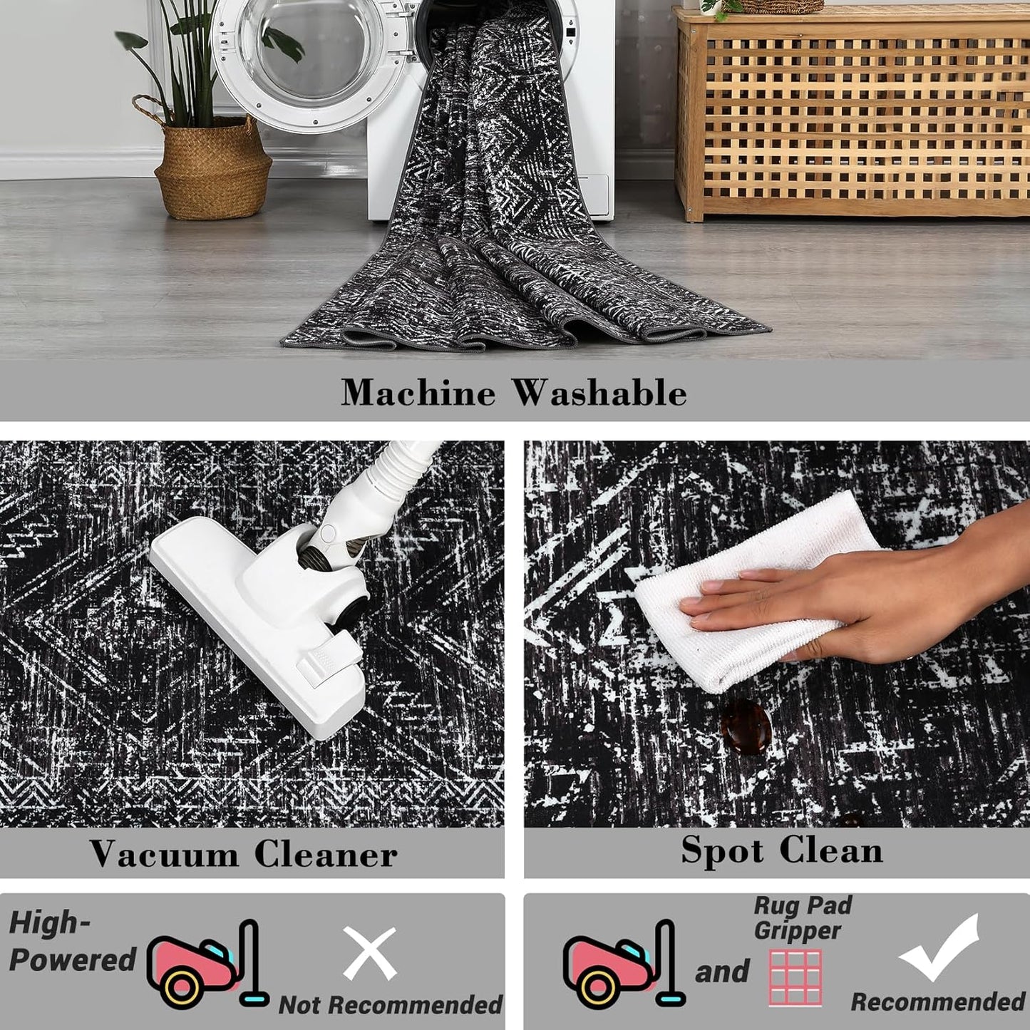 COZYLOOM Rug Runners 2x6 Washable Rugs for Bedroom Hallway Dining Room Living Room, Vintage Rug Non Slip Area Rug Geometric Soft Throw Rugs Low Pile Stain Resistant Carpet, Black