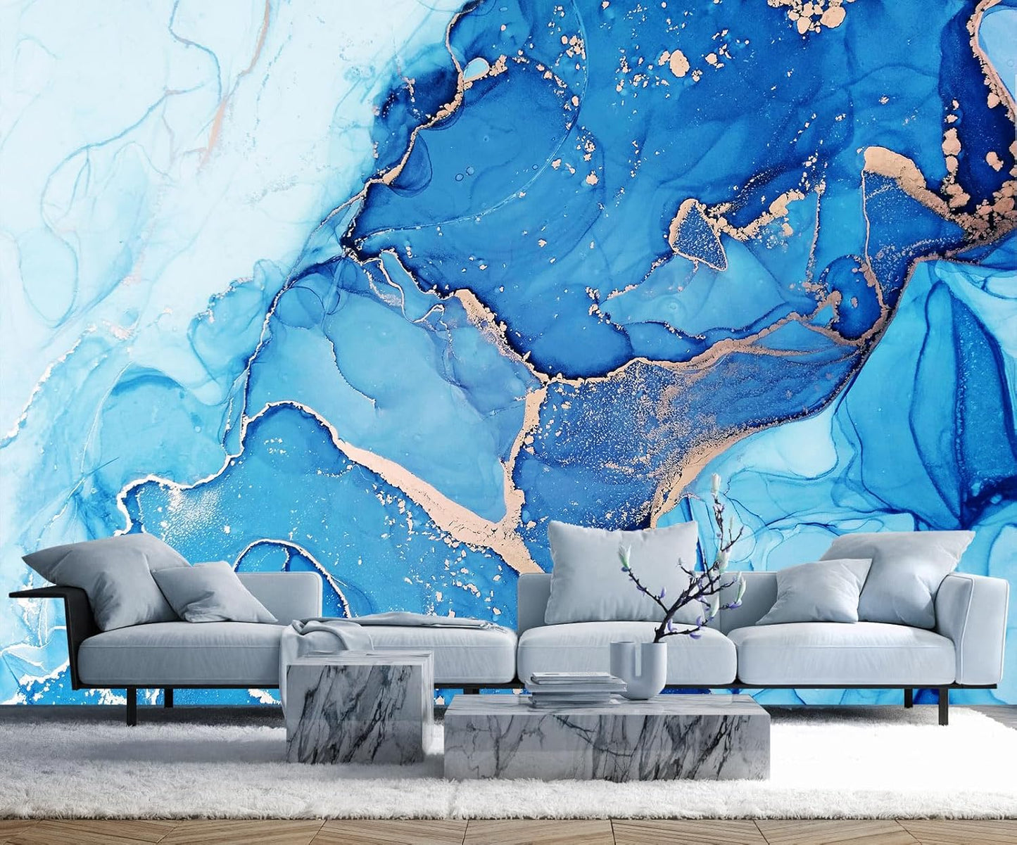 Blue Marble Wallpaper Abstract Gold Art Mural Wallpaper for Living Room Bedroom Dining Room Basement(Not Self-Adhesive)