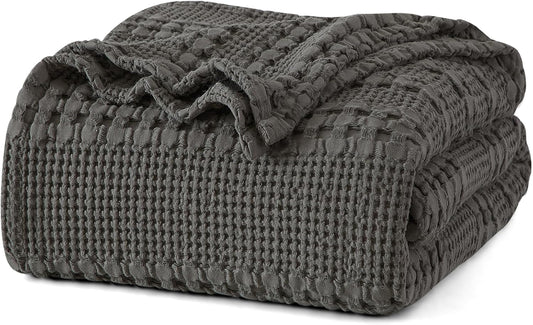 PHF 100% Cotton Waffle Weave Blanket Queen Size, Soft Lightweight Breathable Cozy Summer Blankets for Bed, Luxury Aesthetic Woven Bedding for Home Decor, 90"x90", Charcoal Grey