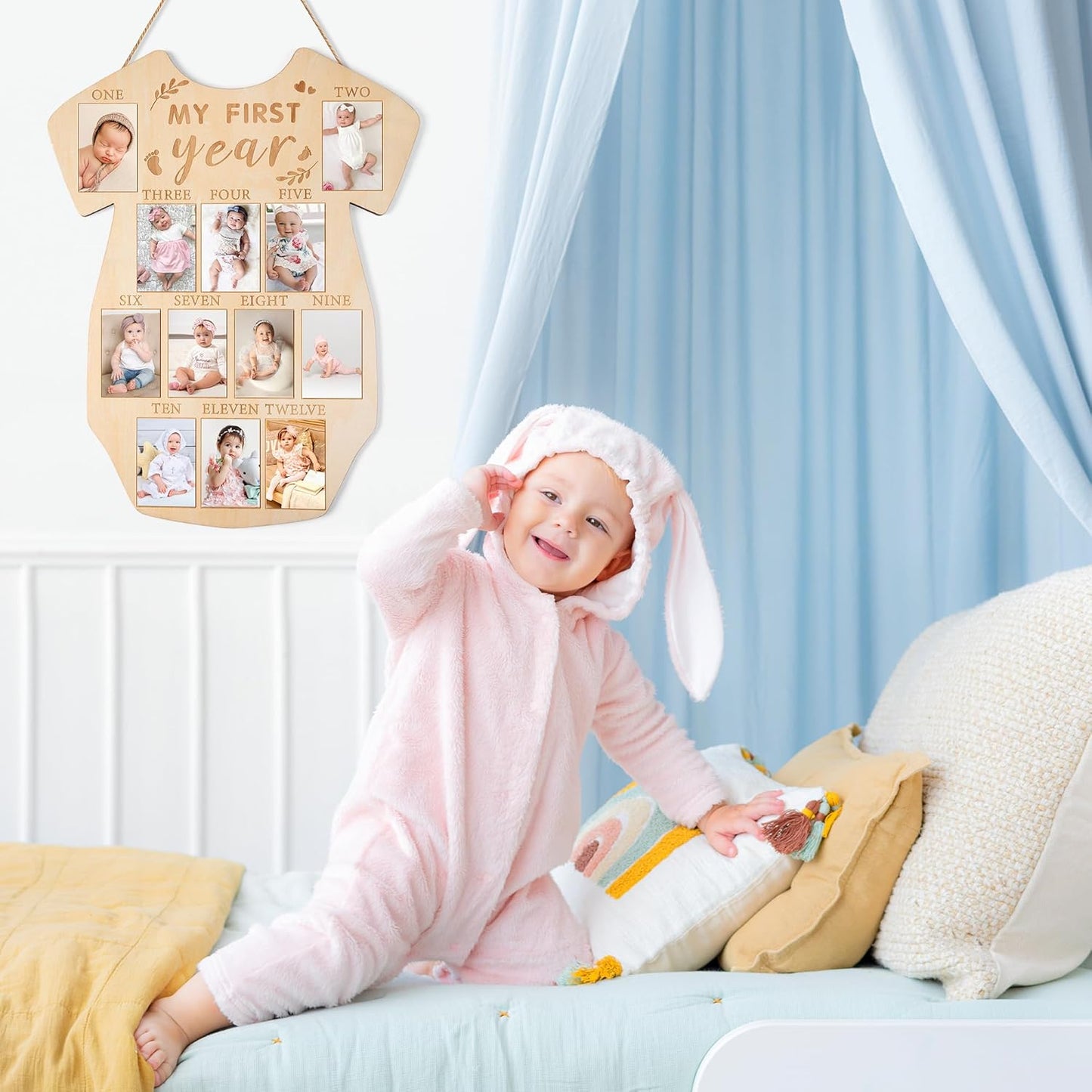 R HORSE My First Year Photo Display Wood Board, Baby’s First Year Picture Frame 12 Months Milestone Sign Bodysuit Shape 1st Birthday Photo Frame Baby Keepsake Board Nursery Decor Gift for Boy Girl