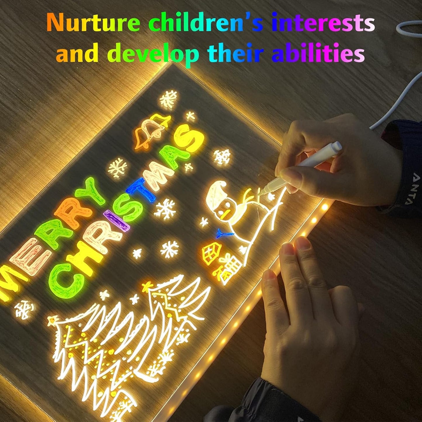 LED Note Board with Colors, 13.8"X10" 4 Modes & 7 Colors Led Acrylic Message Board with Light, Light up Acrylic Dry Erase Board, Led Drawing Board with Stand, Hanging Chain, 7 Markers, Spray Bottle
