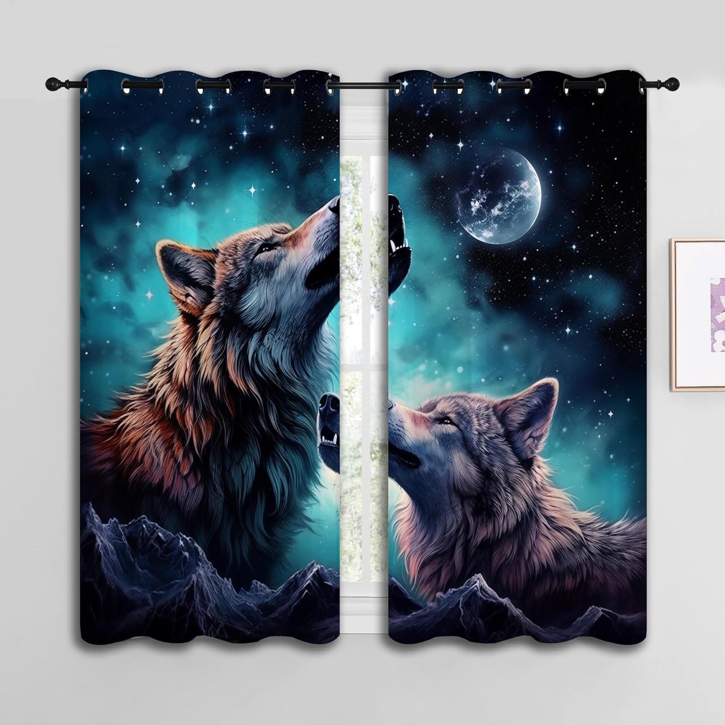 Wolf Blackout Curtains for Boys Girl Bedroom Decor,Starry Sky Howling Wolf Under The Full Moon Thermal Insulated Grommet Drapes Darkening Window Curtain for Living Room Home 42x45 inch