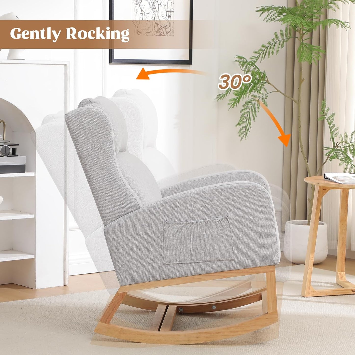 Rocking Chair Nursery, Nursing Rocking Chairs for Mom Nursery, Comfy Wingback Glider Rocking Armchair with Foot Rest and Side Pocket for Nursery Living Room Bedroom, Light Grey