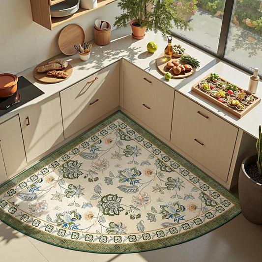 jinchan Floral Corner Rug for Living Room Washable Bedroom Rug Vintage Romance Design Non Slip Quarter Circle Lightweight Low-Pile Throw Carpet for Reading Nook Playroom,6ft Radius, Green/Beige