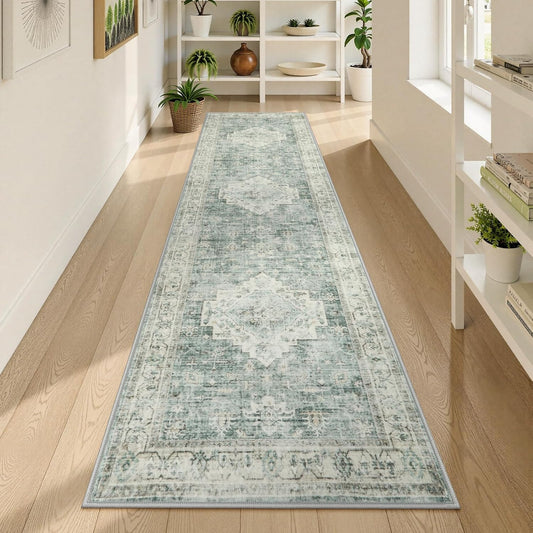 LIVEBOX Washable 2x8 Runner Rug for Bathroom, Non Slip Kitchen Mats for Floor Entryway, Boho Indoor Front Door Mat Low-Pile Runners for Hallways, Farmhouse Rugs for Laundry, Sage Green