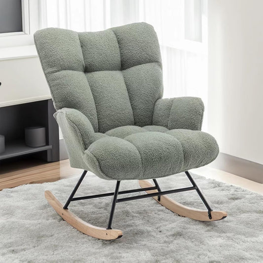 Rocking Chair Nursery Teddy Upholstered Glider Rocker Rocking Accent Chair Padded Seat with High Backrest Armchair Comfy Side Chair for Living Room Bedroom Offices (Green Teddy)