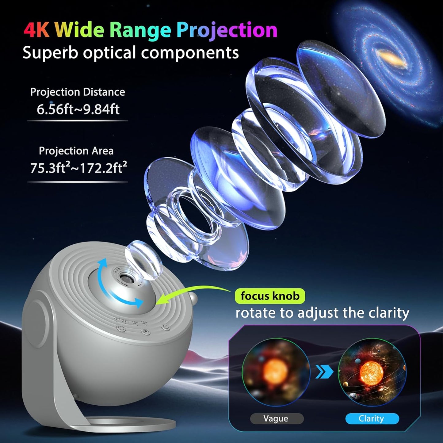 Galaxy Projector for Bedroom, HD Image Star Projector Galaxy Light Adjustable Knob, 13 Film Discs Planetarium Projector for Kids, 360° Rotating 1/2h Timer Simple 3-Button Control