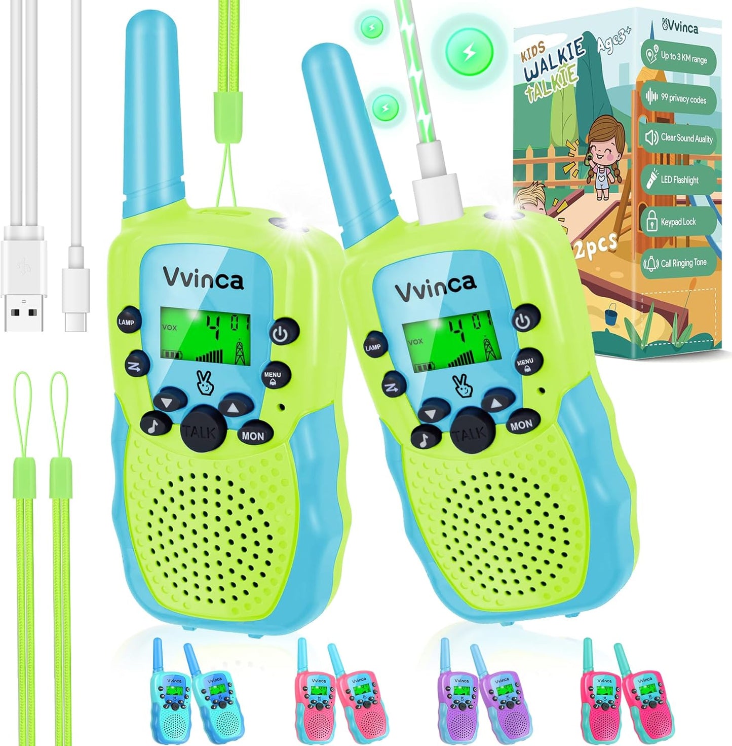 Vvinca Walkie Talkies for Kids Rechargeable Toys for Ages 5-7, Long Range 22 Channels 2 Way Kids Walkie Talkie with Flashlight for Camping Hiking Indoor Outdoor 3 4 5 6-12 Boy Girl Christmas Birthday