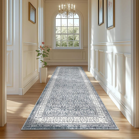 jinchan Hallway Runner Rug 3x10 - Machine Washable Grey Vintage Floral Distressed Design Soft Non-Slip Low-Pile Ultra-Thin Runner Rug for Kitchen Laundry Room Bedroom Farmhouse (3‘x10',Grey)