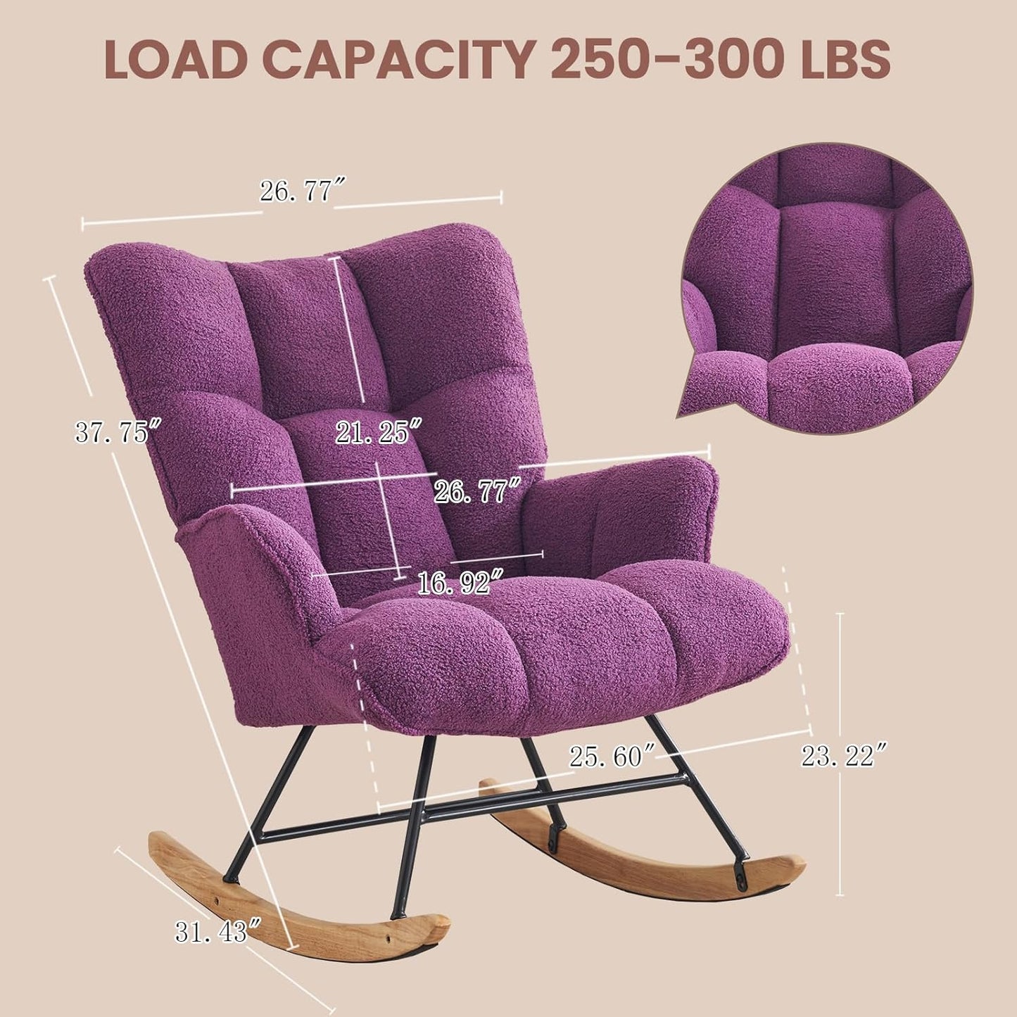 Rocking Chair Nursery Teddy Upholstered Glider Rocker Rocking Accent Chair Padded Seat with High Backrest Armchair Comfy Side Chair for Living Room Bedroom Offices (Purple Teddy)