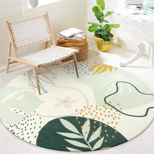 Lahome Boho Round Area Rug - 3Ft Washable Non-Slip Bathroom Rug, Green Botanical Print Carpet for Bedroom, Living Room, Entryway