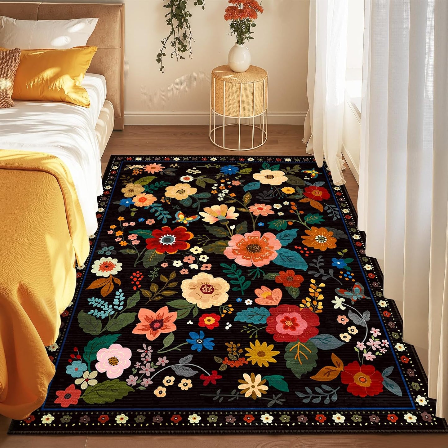 Floral 5x7 Area Rug Machine Washable Soft Print Boho Carpet Non Slip Doormat Low Pile Flower Area Rugs for Living Room Bedroom Nursery Kitchen Dining Room Indoor-Black