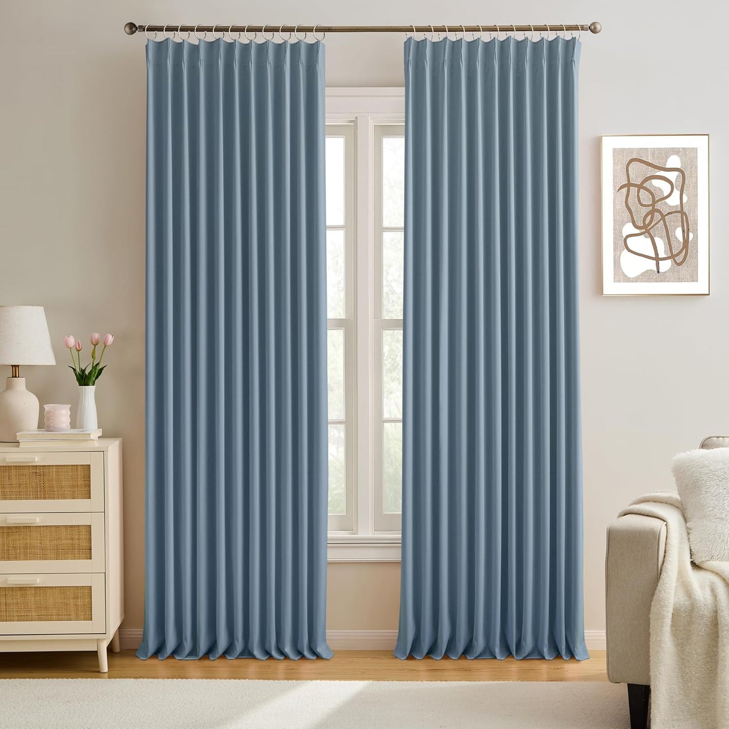KEQIAOSUOCAI Pinch Pleated Blackout Curtain Drapes for Window 95" L - Triple Weave Energy Saving Thermal Room Divider Blackout Panels for Patio (72" Wide per Panel, 2 Panels, Dusty Blue)