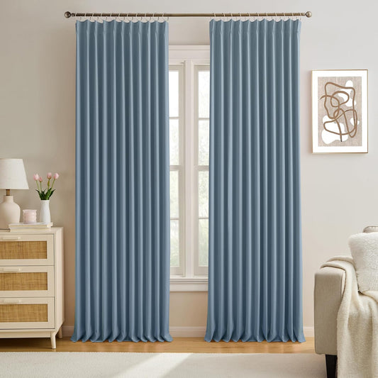 KEQIAOSUOCAI Pinch Pleated Blackout Curtain Drapes for Window 105" L - Triple Weave Energy Saving Thermal Room Divider Blackout Panels for Patio (72" Wide per Panel, 2 Panels, Dusty Blue)