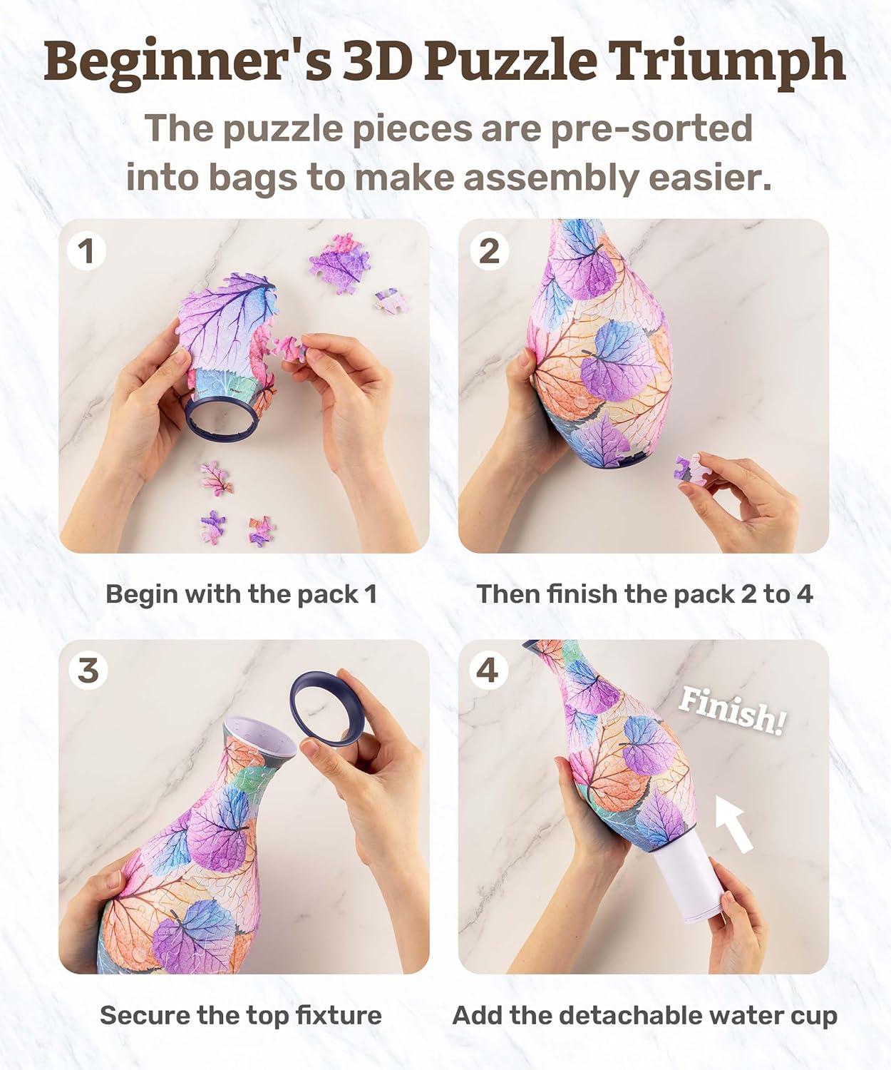 Pintoo 3D Puzzle Vase Unique Flower Vase Made by 160 Curved Plastic Puzzle Pieces House Warming Gift for Flower Arrangements and Home Decoration - [S1035] (Translucent, Flowers and Birds)