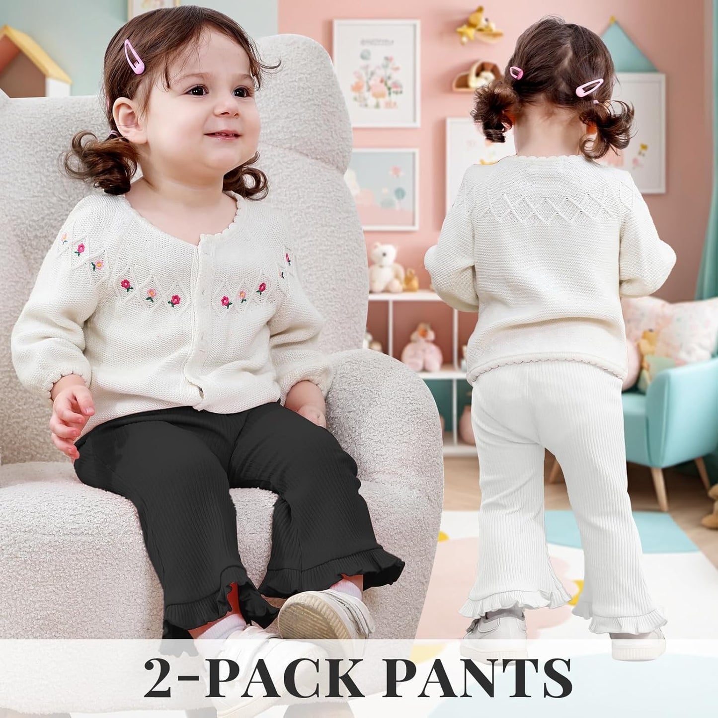 Neutocd Toddler Baby Girl 2-Pack Pants Bell Bottom Infant Baby Girl Solid Ribbed Cotton Leggings