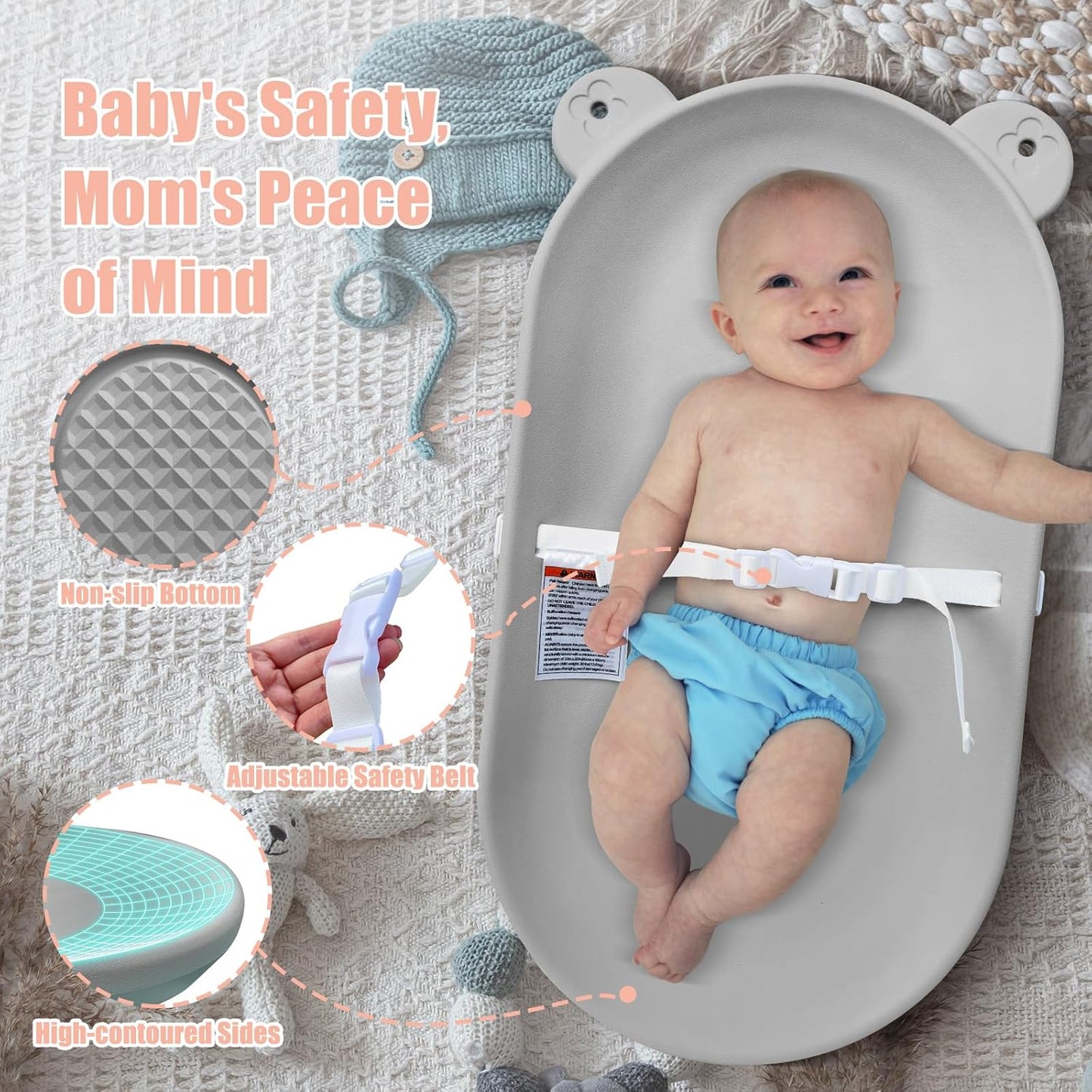 Waterproof Baby Changing Pad, Lightweight and Portable Changing Table with Strap for Changing Diaper, Dresser, Changing Table, Bed, Wipeable Changing Pad, Grey