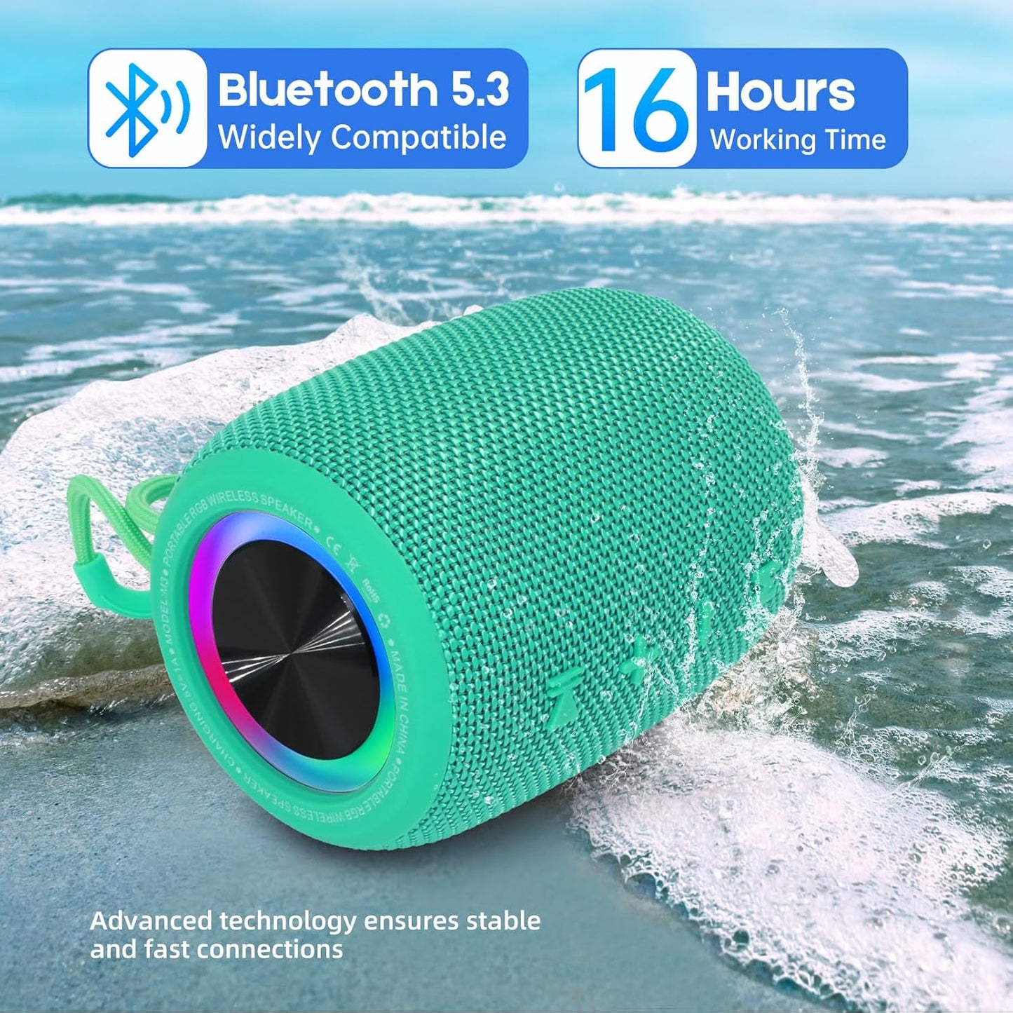 Portable Bluetooth Speaker, BT5.3 Wireless Speaker 20W Bass Diaphragms with Multi LED Light Dynamic Modes, IPX6 Waterproof 16H Playtime supports FM Mode, TF, USB for Home, Cycling, Outdoor, Beach
