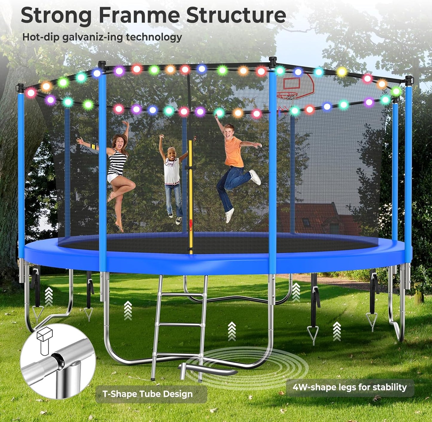 Upgraded 10/12/14/15/16FT Trampoline Outdoor, Large Kids Trampoline with Light, Stakes, Sprinkler, Backyard Trampoline with Basketball Hoop and Net, Capacity for 4-6 Kids and Adults
