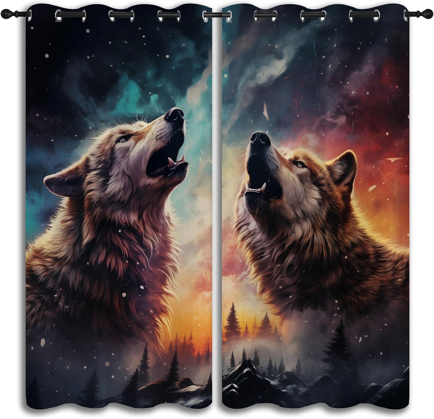Fantasy Wolf Blackout Curtains for Boys Girl Bedroom Decor,Colorful Galaxy Misty Forest Wildlife Thermal Insulated Grommet Drapes Darkening Window Curtain for Living Room Home 84x63 inch