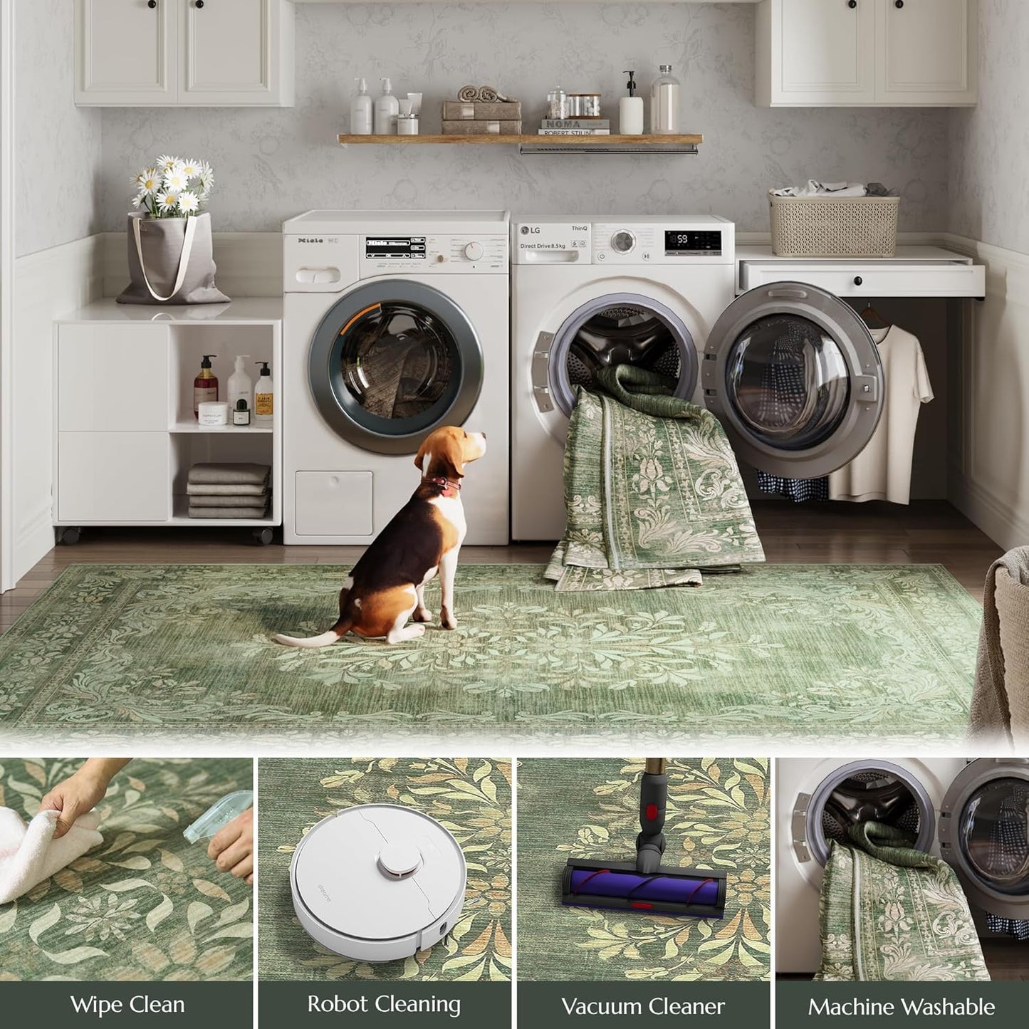 jinchan Vintage Floral Runner Rug 2x6 - Machine Washable Distressed Design Non-Slip Low-Pile Soft Thin Carpet for Hallway Kitchen Farmhouse Bedroom Entryway Laundry Room (2x6ft,Dark Green)