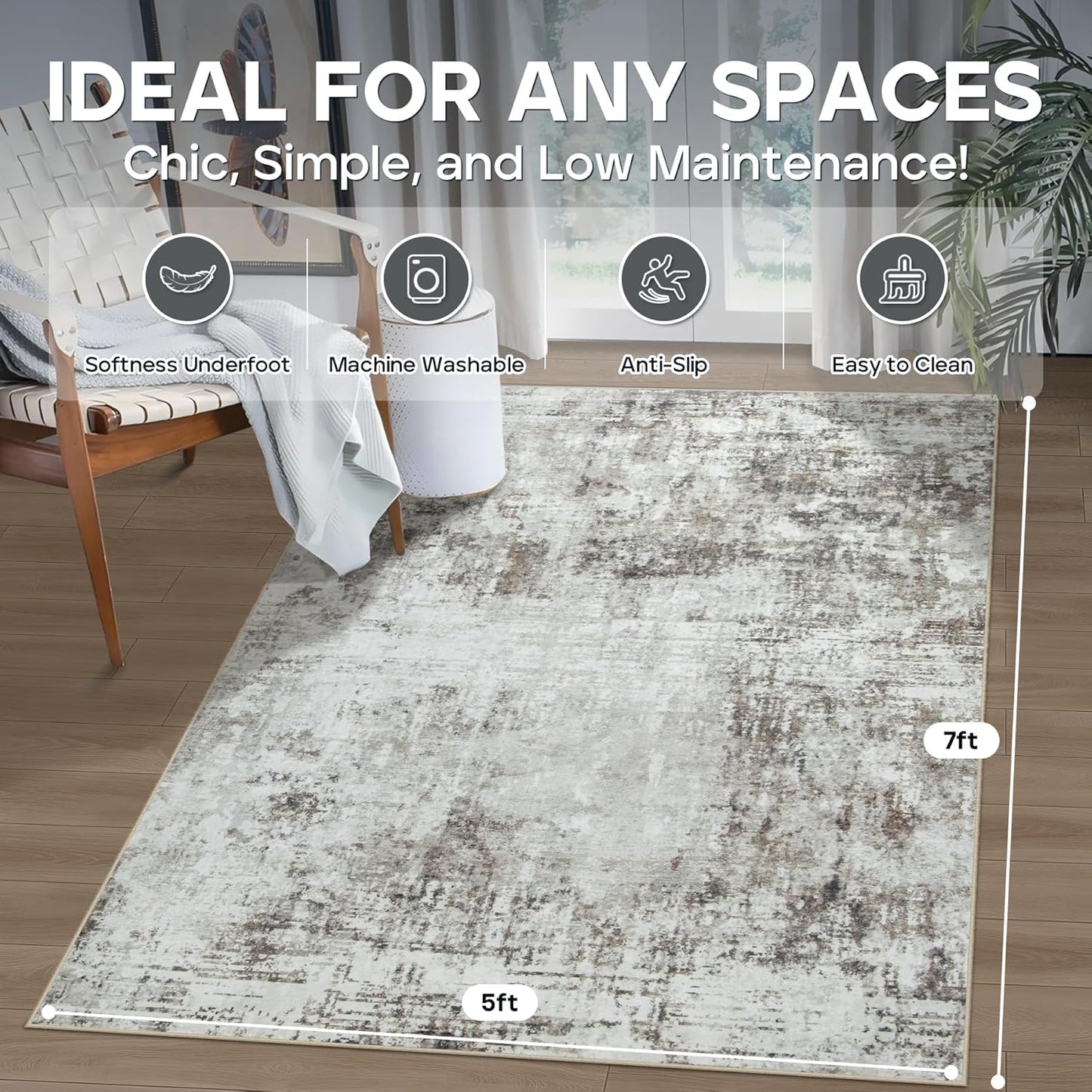 5x7 Area Rugs for Living Room Rug Washable: Modern Rug for Dining Room Bedroom Carpet Non Slip Low Pile 5 by 7 Indoor Abstract Nursery Home Office Brown Grey