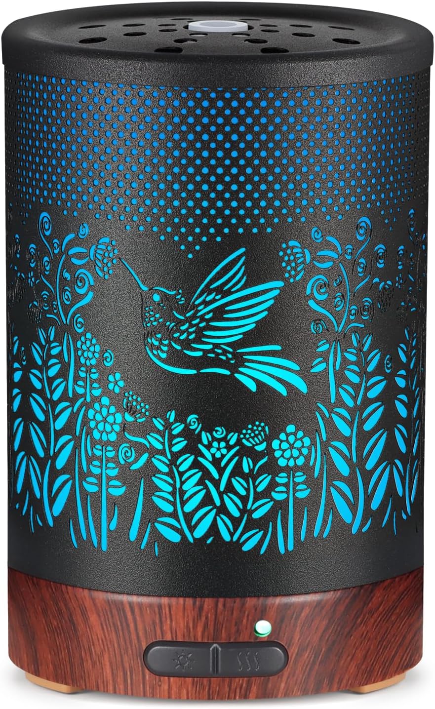 Metal Essential Oils Diffuser 150ML Aromatherapy Diffuser Cool Mist Humidifier with 7 Colors Lights Waterless Auto Off Air Diffusers as Gifts for Moms Women Girls (D-Hummingbird)