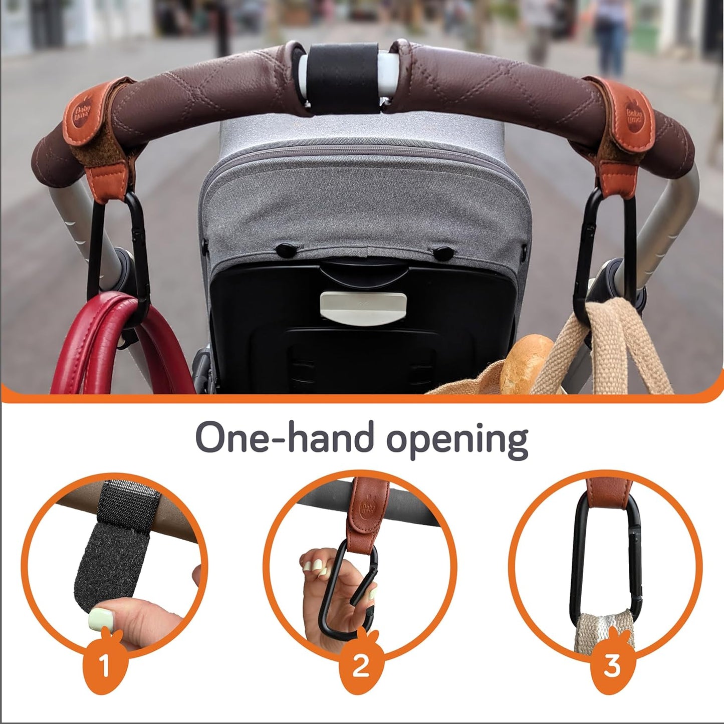 Baby Uma Baby Stroller Hooks - 2-Pack of Leather-Style Stroller Accessories, Non-Slip Stroller Clips, Carry 11 lbs per Stroller Bag Hook, Universal Hooks, 2 x Stroller Carabiner Clip (Camel)